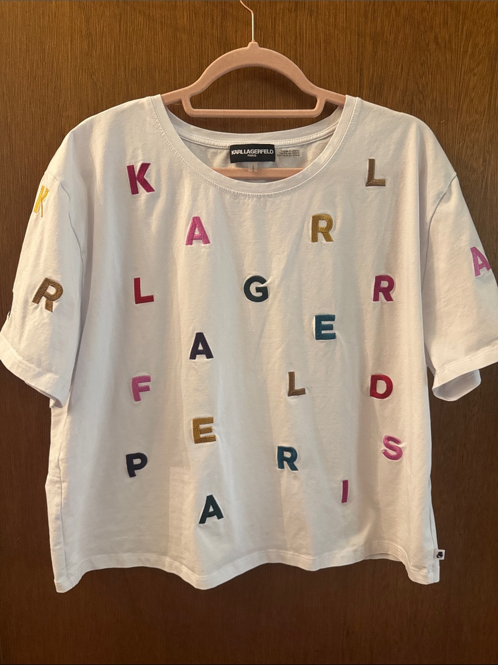 Karl Lagerfeld White Short Sleeve Tee with Multicolor Letter Appliqués